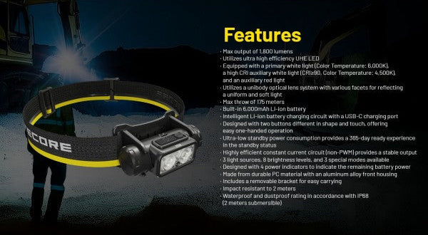 Lanterna frontala Nitecore NU53, 1800 lumeni / 175m distanta, reincarcabila USB-C