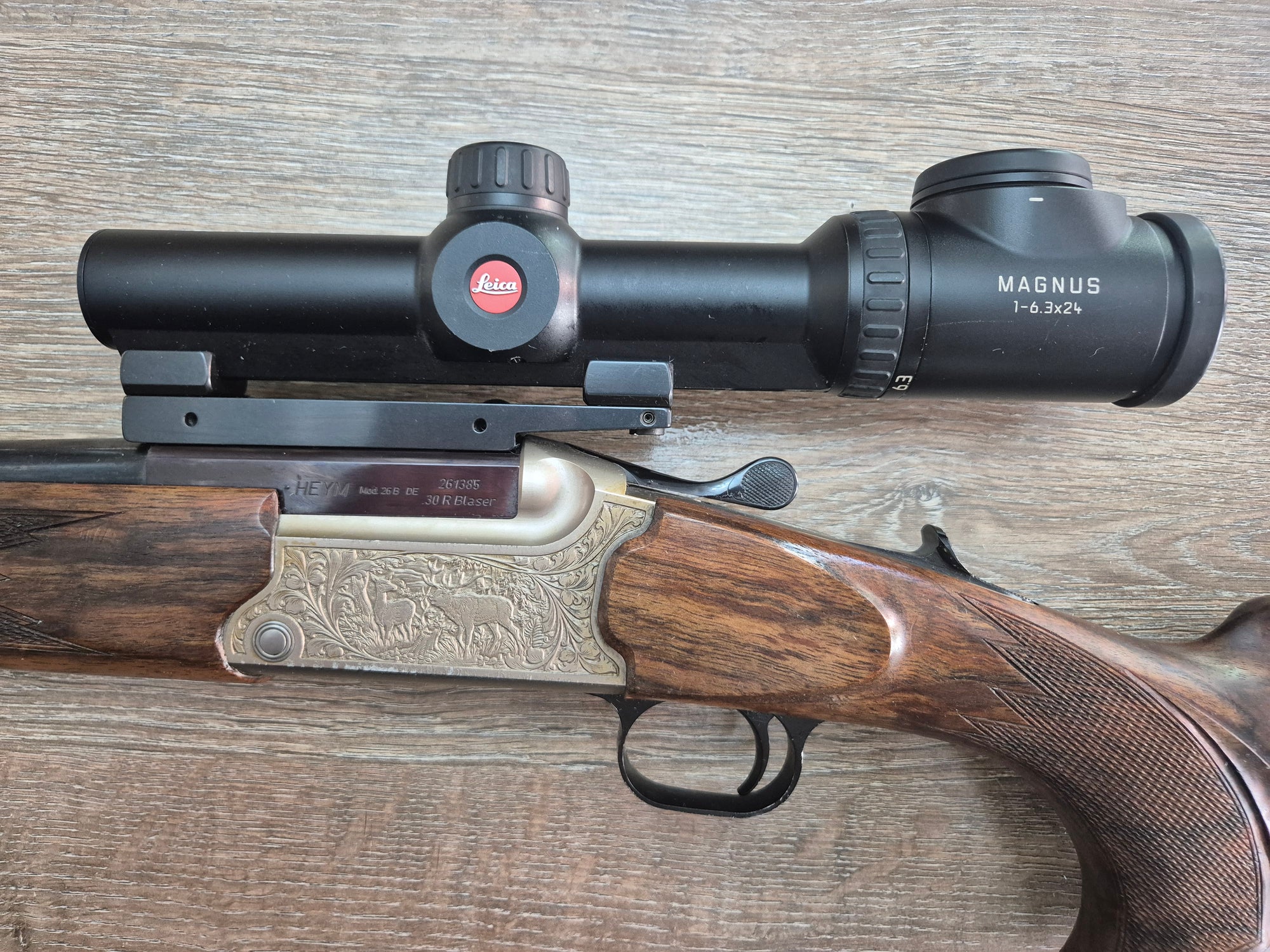 Dublu Express Heym, cal 30R Blaser, obrazar stanga, Leica Magnus 1-6.3x24