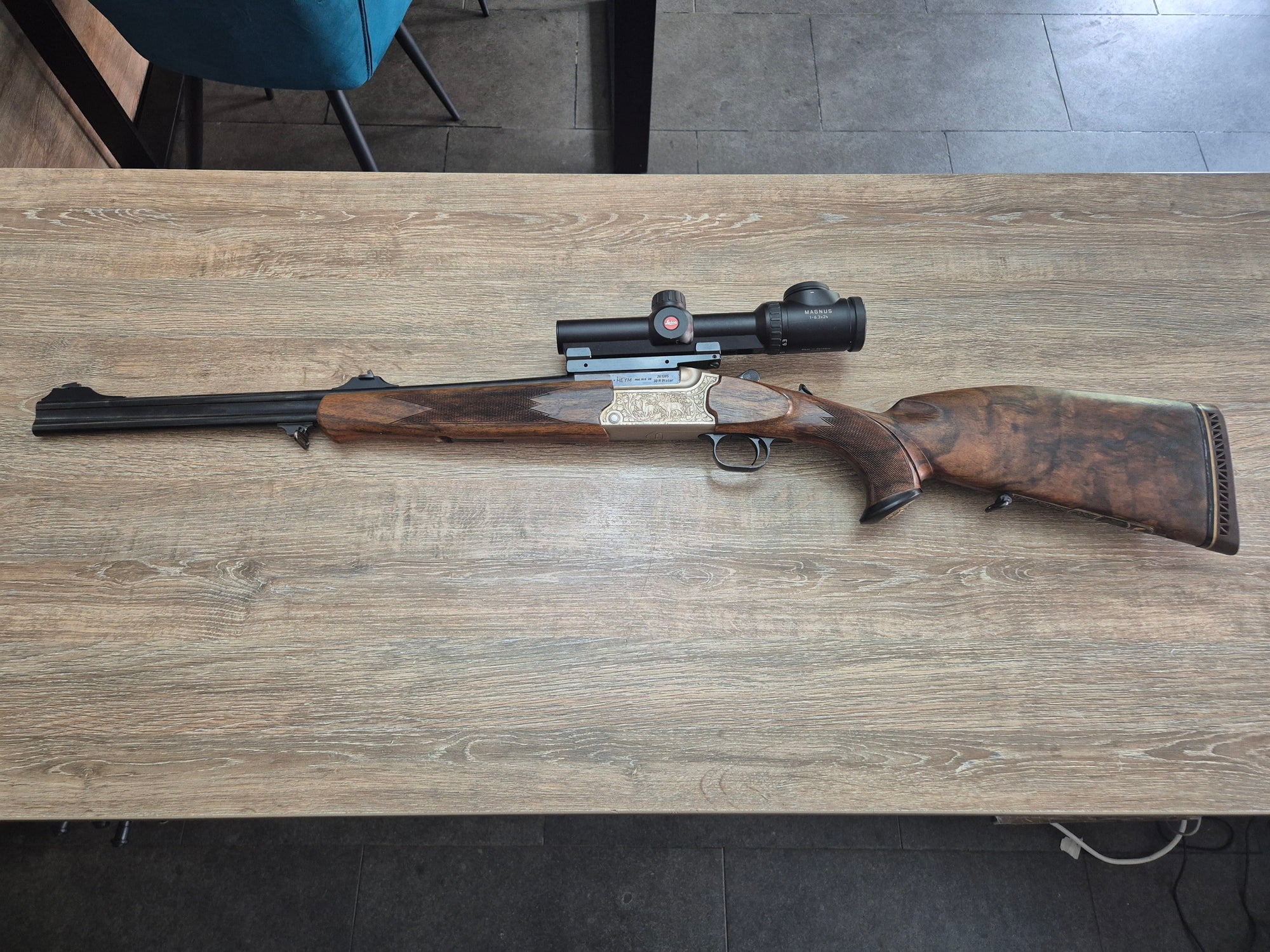 Dublu Express Heym, cal 30R Blaser, obrazar stanga, Leica Magnus 1-6.3x24