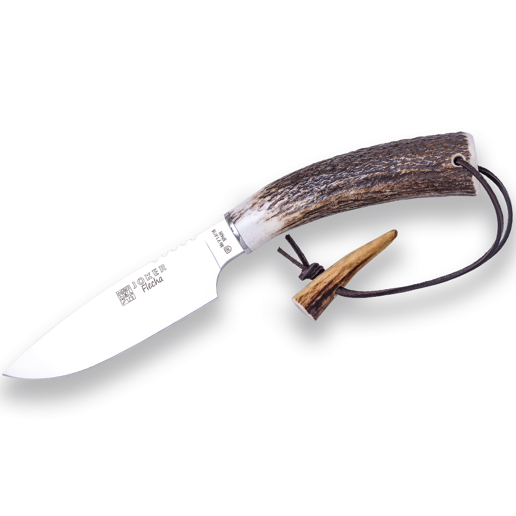 Cutit JOKER Flecha lama 10,5cm, maner corn de cerb, toc din piele