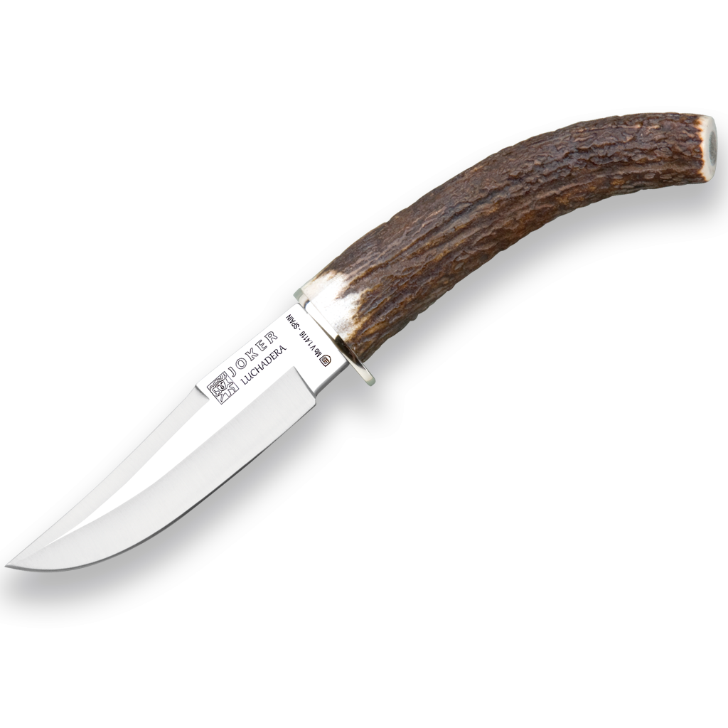 Cutit JOKER Luchadera lama 11cm, maner corn de cerb, toc din piele, CC71