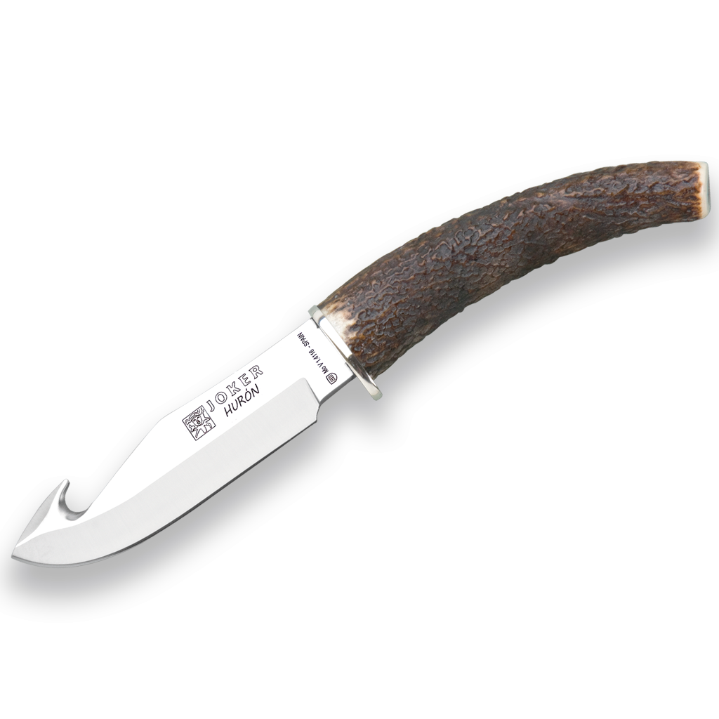 Cutit JOKER Huron lama 11cm, maner corn de cerb, toc din piele